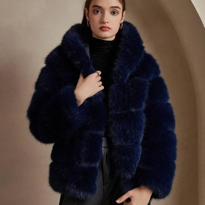 Luxe Women's Short Hooded Faux Fox Fur Coat Fashion Streetwear with Faux Fur Trim Thickened Winter Faux Fur Outwear