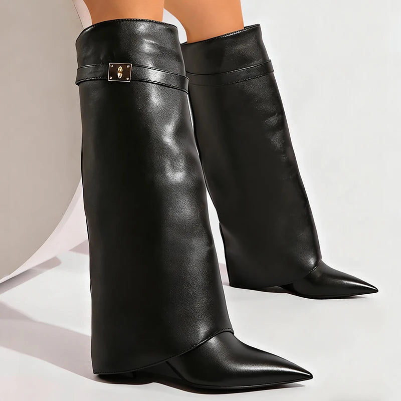 Designer Women's Long Boots - Wide Calf Shark Boots with Wedge Heel Knee High