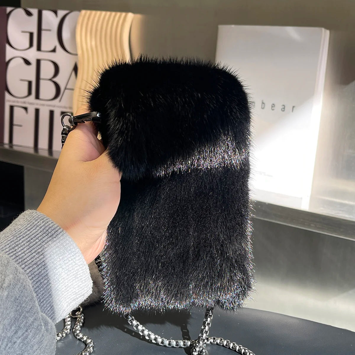 Real Mink Fur Bag Crossbody Bags For Women Phone Bag Lady Shoulder Bags Real Fur Bag Female Messenger Bag Winter Handbag Ladies