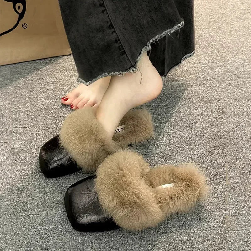 Women's Autumn/Winter Outdoor Wear New Style Flat Bottom Fur Slippers One Foot Drag No Heel Mule Fur Slippers Adult Simple