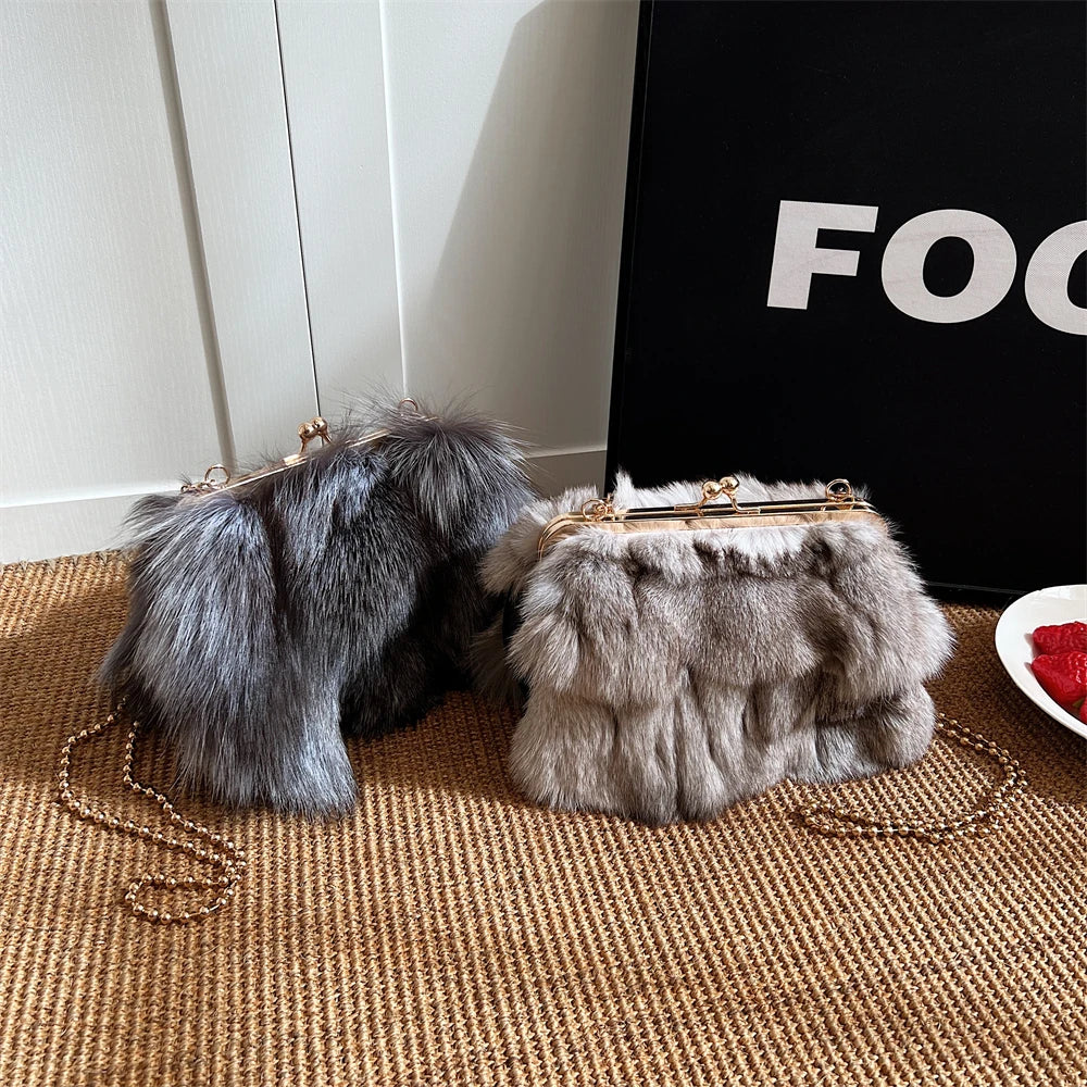 Luxury Soft Plush Evening Bags For Elegant Women Fox Fur Dinner Party Clutch Chain Crossbody Winter Warm Luxury Designer Handbags