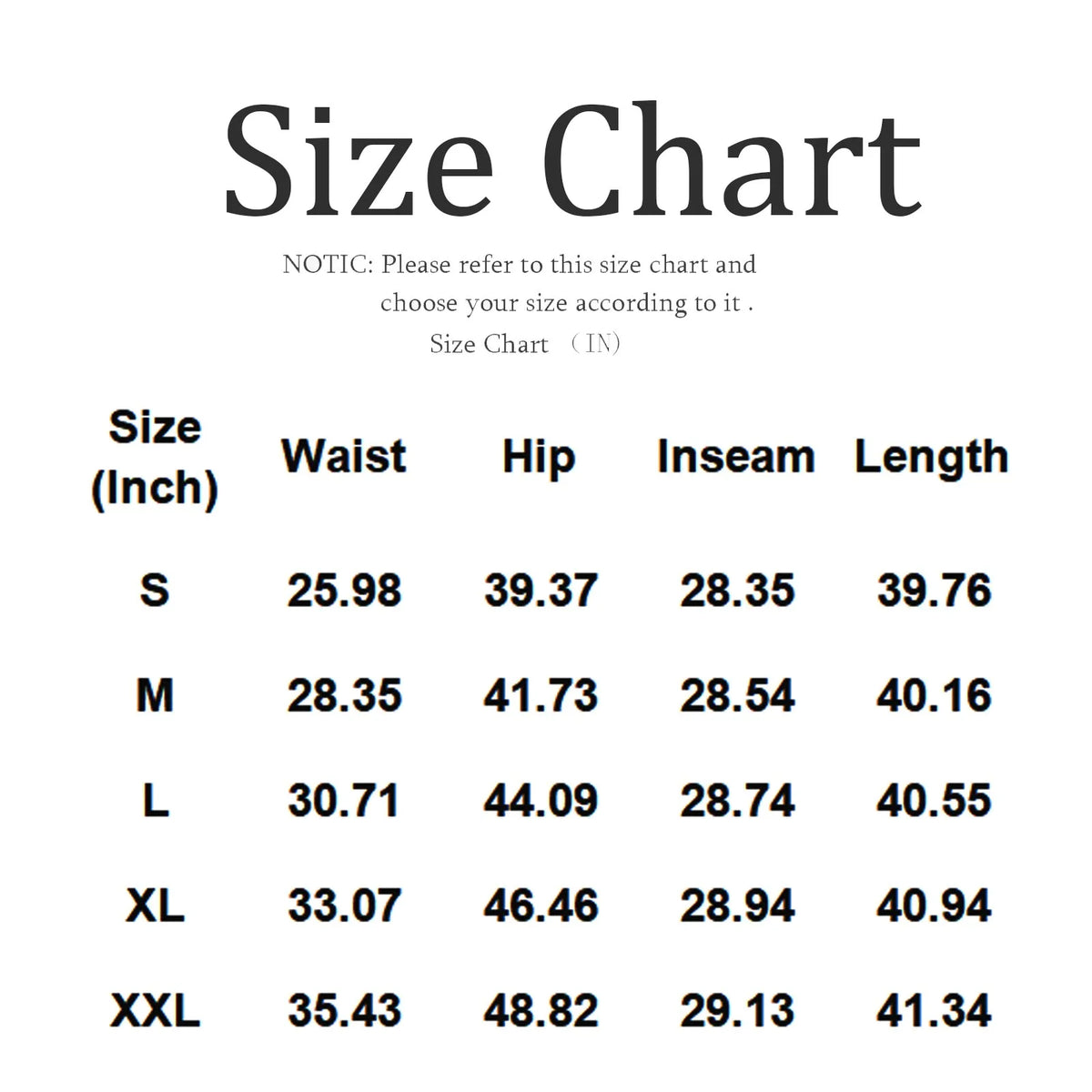 Women clothing size chart table in inches showing waist, hip, inseam, and length measurements for sizes S to XXL.