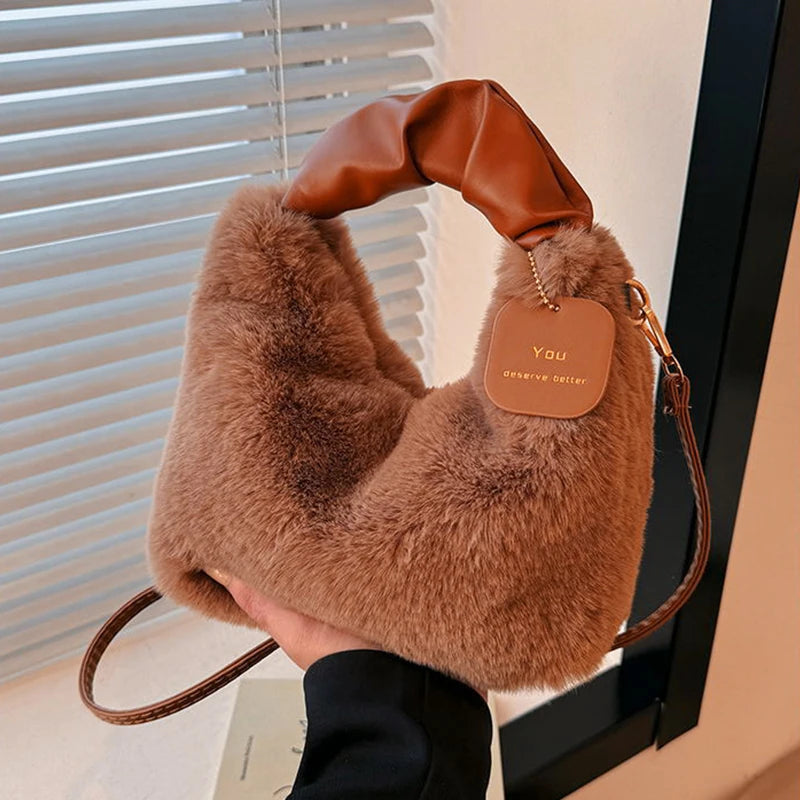 Women Faux Fur Plush Handbags Ruched Handle Small Lady Shoulder Crossbody Bag Casual Half-Moon Hobos Winter Bags for Women