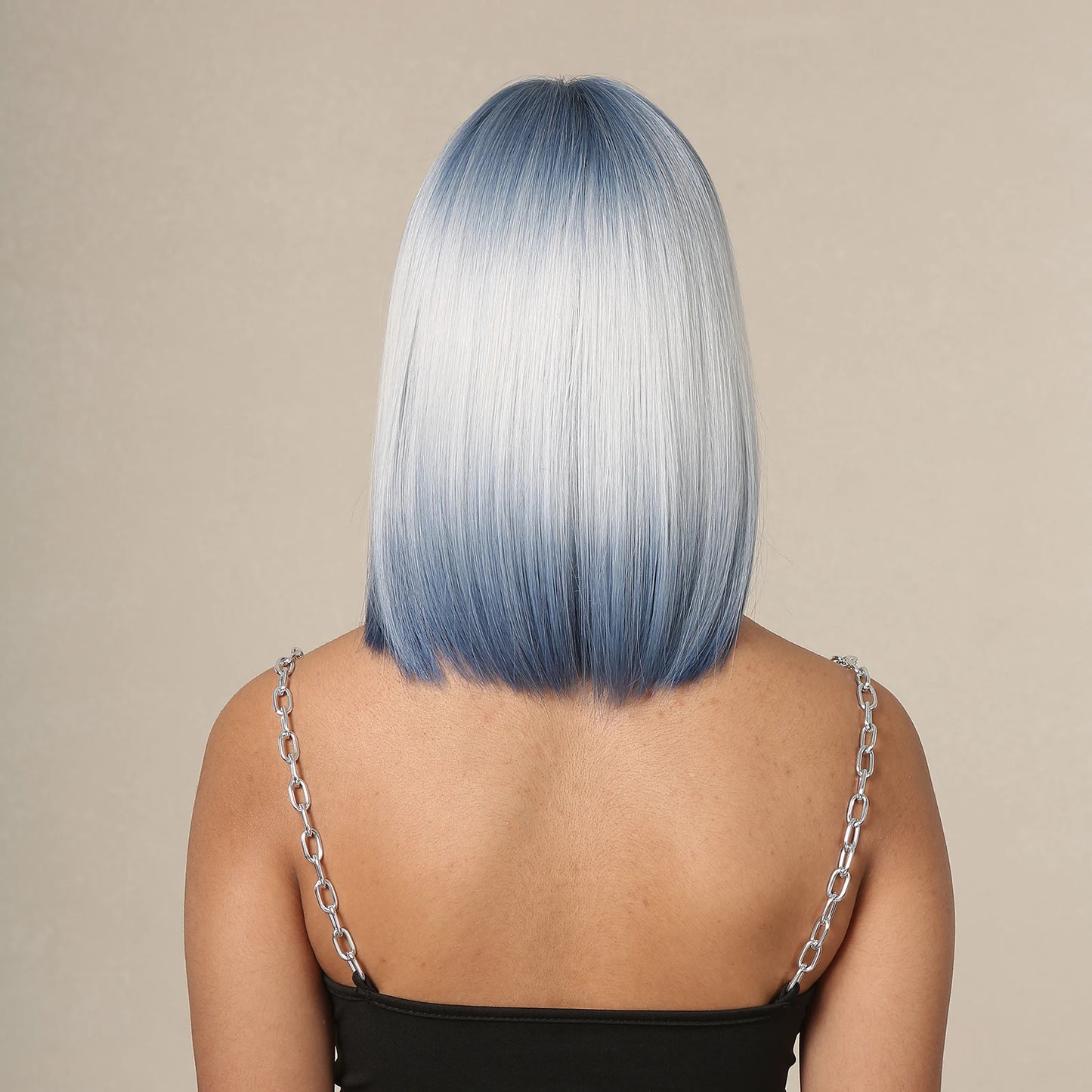 Synthetic Wigs Short Ombre Sky Blue White Wig with Bangs Straight Blunt Bob Cut Hair for Women Halloween Cosplay Heat Resistant