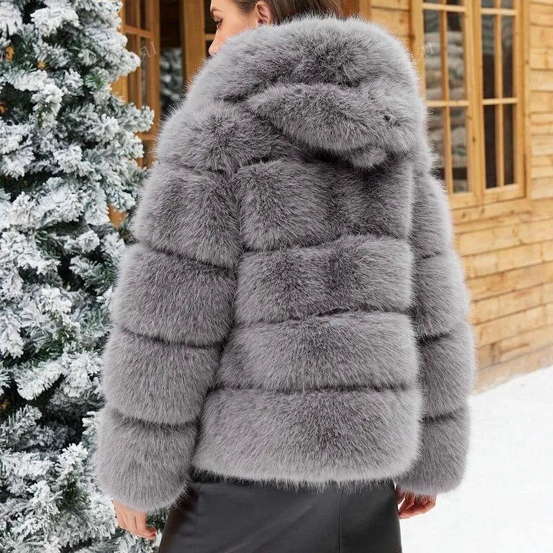 Luxe Women's Short Hooded Faux Fox Fur Coat Fashion Streetwear with Faux Fur Trim Thickened Winter Faux Fur Outwear