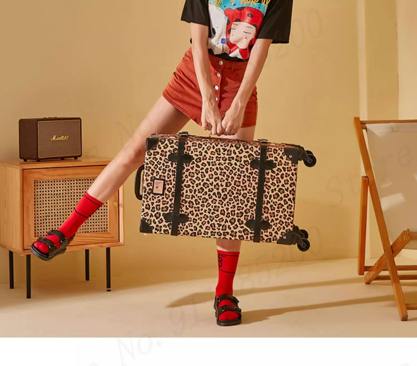 Trendy Retro Luggage Women's Roller Trunk Leopard Print Leather Suitcase 20" Boarding Box Set Waterproof Password Suitcase