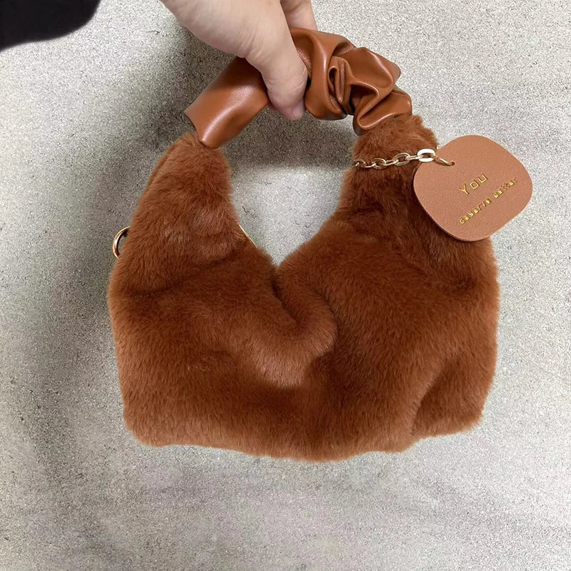 Women Faux Fur Plush Handbags Ruched Handle Small Lady Shoulder Crossbody Bag Casual Half-Moon Hobos Winter Bags for Women