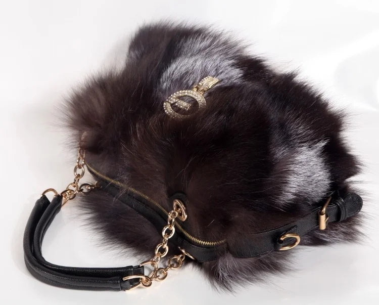 Real Fur Women Handbags Women Luxury Fox Fur Bag Fashion Female Furry Handbag Real Leather Evening Bag Natural Fur Shoulder Bag
