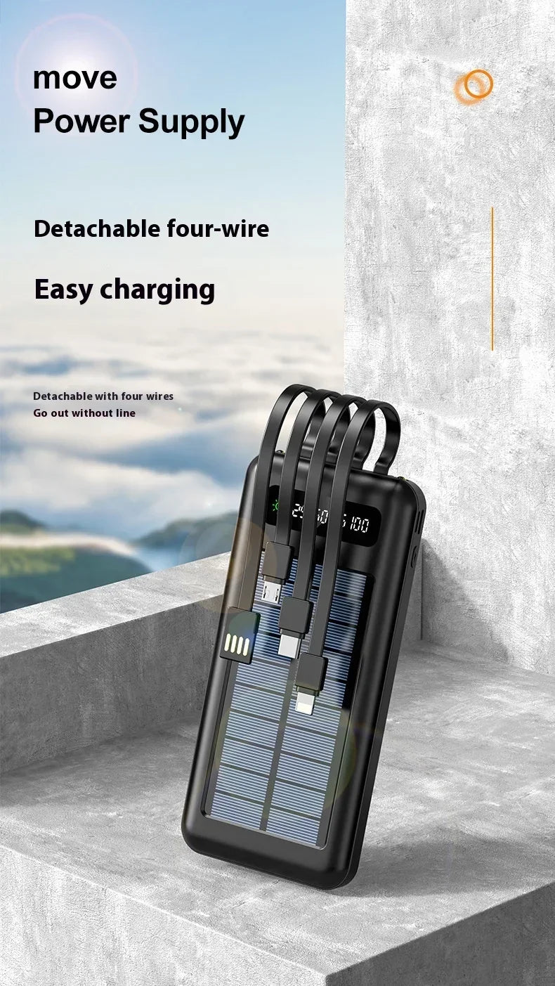 Solar Power Bank 20000mAh - Portable Fast Charging Outdoor Power Bank with Removable Cable