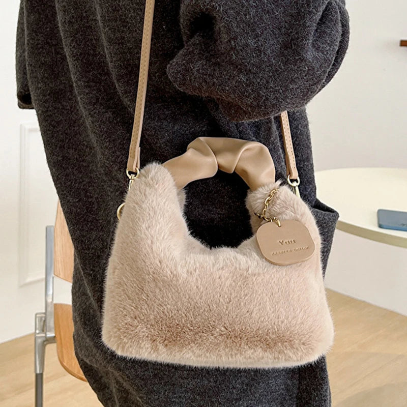 Women Faux Fur Plush Handbags Ruched Handle Small Lady Shoulder Crossbody Bag Casual Half-Moon Hobos Winter Bags for Women