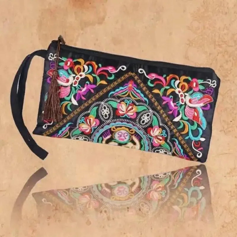 Retro Style Square Purse Ethnic Style Phone Clutches Floral Embroidered Bag Zipper Storage Bag Flower Fabric Clutch Bag