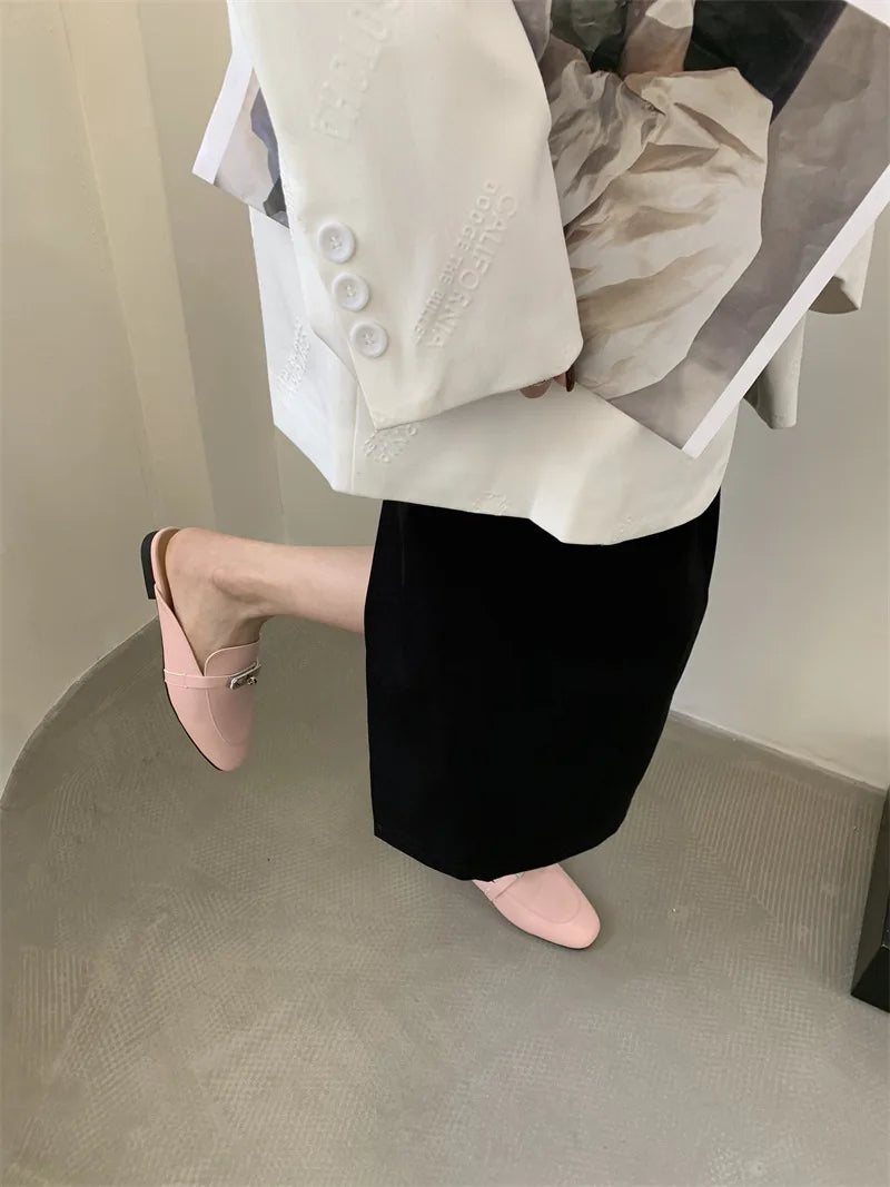 2025 Summer Autumn New Women's Leather Comfortable Slip On Slippers Daily Metal Decoration Casual Outside Mules Female Sandals
