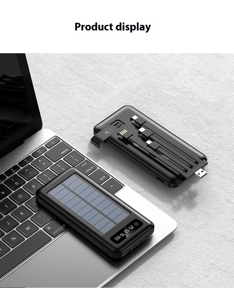 Solar Power Bank 20000mAh - Portable Fast Charging Outdoor Power Bank with Removable Cable