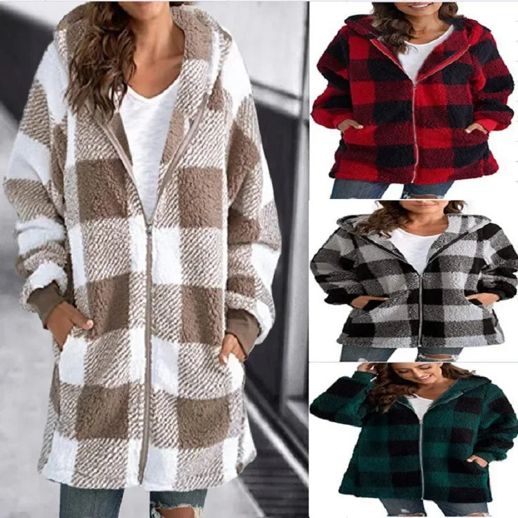 Plush women's coat 2026 long sleeve plaid hooded zipper loose coat with pocket coat women