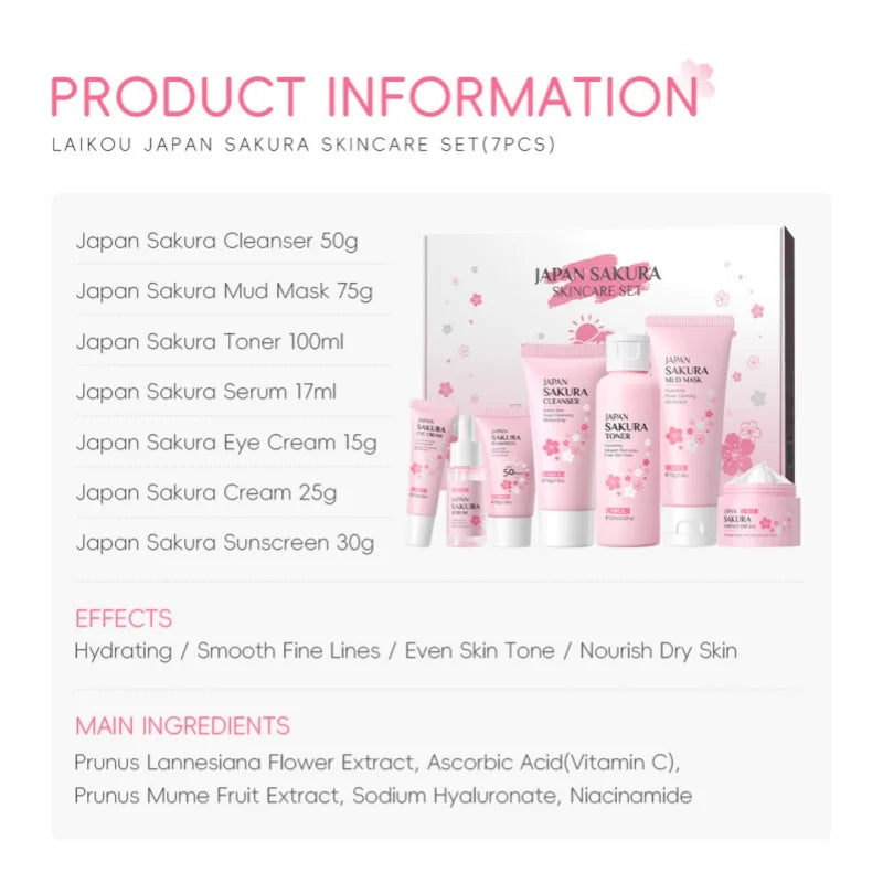 Korean Sakura Skincare Set Hydration Moisturize Cleanse Pores Sunscreen Protection Cosmetic Beauty