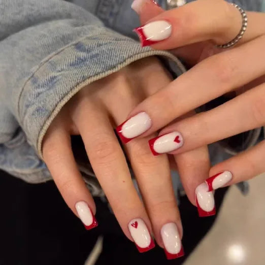 24Pcs French Tip Handmade Press On Nails Minimalist Solid Color Fake Nails Medium Square Full Cover Press On Nail Tips With Glue