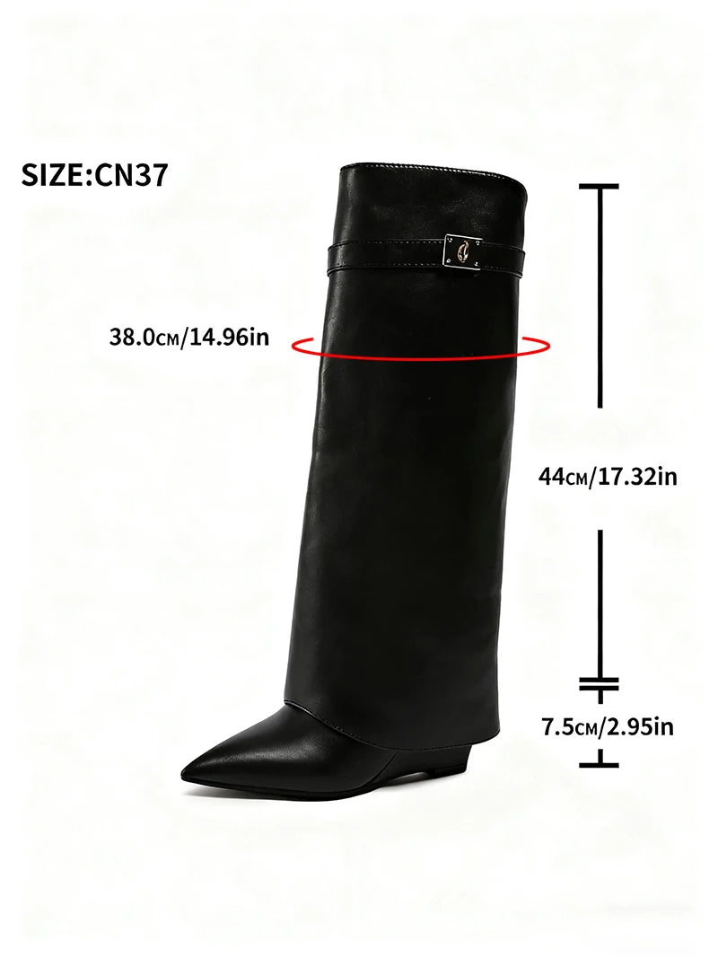 Designer Women's Long Boots - Wide Calf Shark Boots with Wedge Heel Knee High