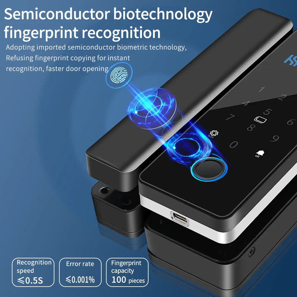 Lock App Bluetooth Smart Glass Door Lock Remote Unlock Fingerprint RFID IC Card Password with Time Attendance Record Report