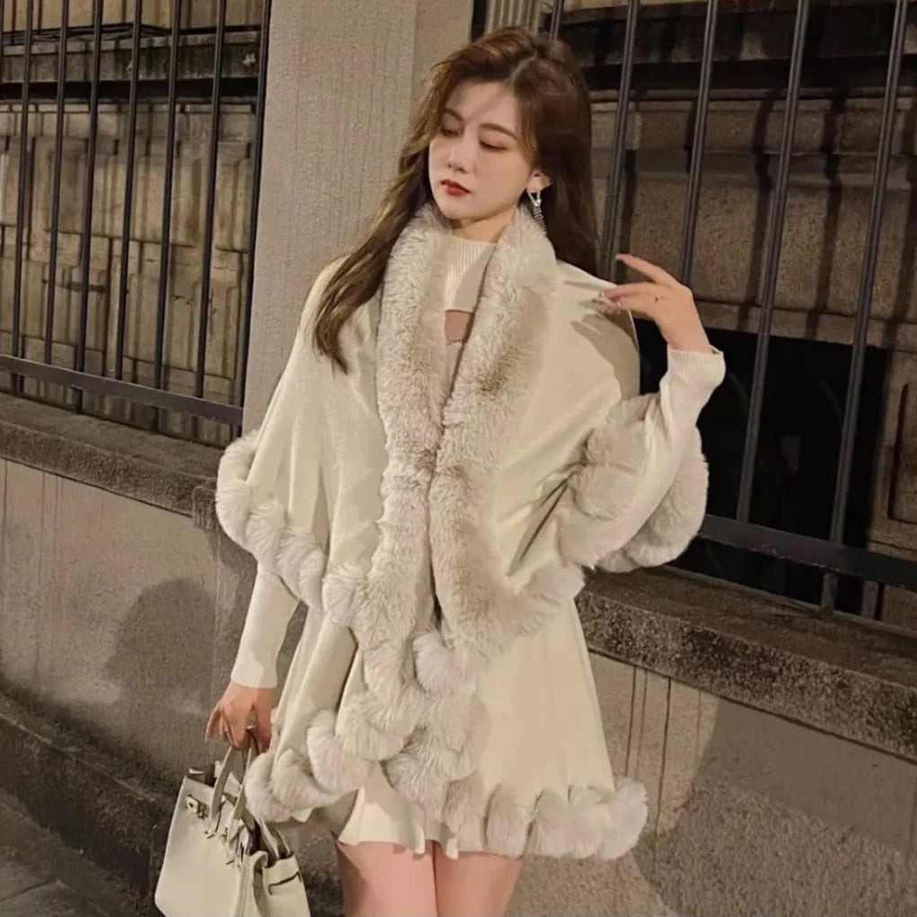 Double Layer Faux Fur Trim Womens Knitted Poncho Shawl Warm Cape Multiple Colors Ideal for Fall and Winter Daily and Formal Wear