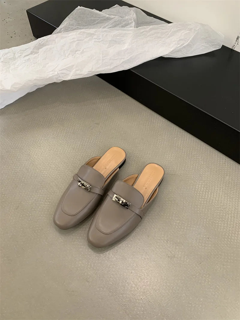 2025 Summer Autumn New Women's Leather Comfortable Slip On Slippers Daily Metal Decoration Casual Outside Mules Female Sandals