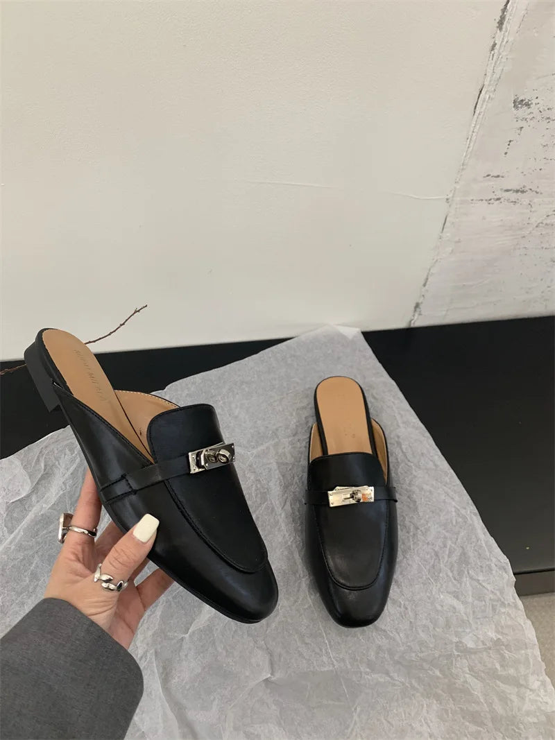 2025 Summer Autumn New Women's Leather Comfortable Slip On Slippers Daily Metal Decoration Casual Outside Mules Female Sandals