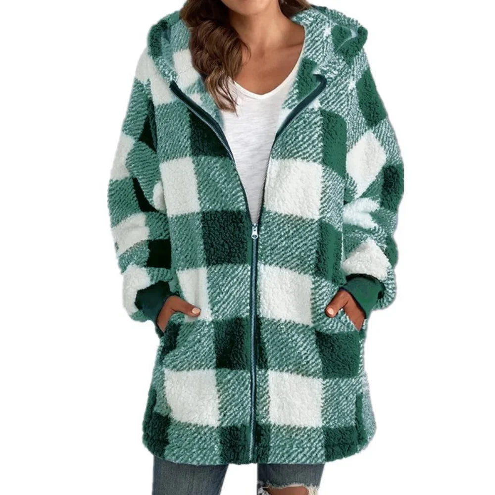 Plush women's coat 2026 long sleeve plaid hooded zipper loose coat with pocket coat women