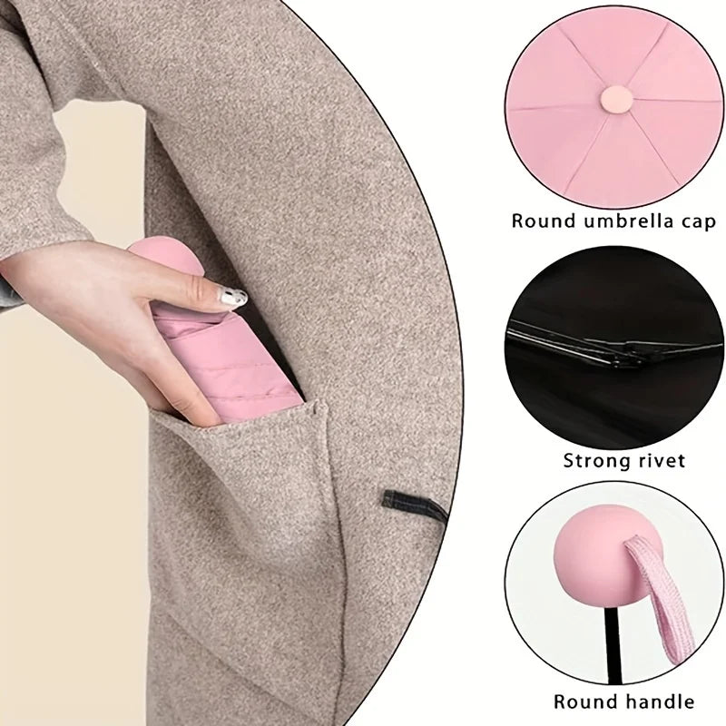 Anti-Uv Mini Umbrella For Sunny And Rainy Days, Portable With Uv Coating And 6 Reinforced Ribs