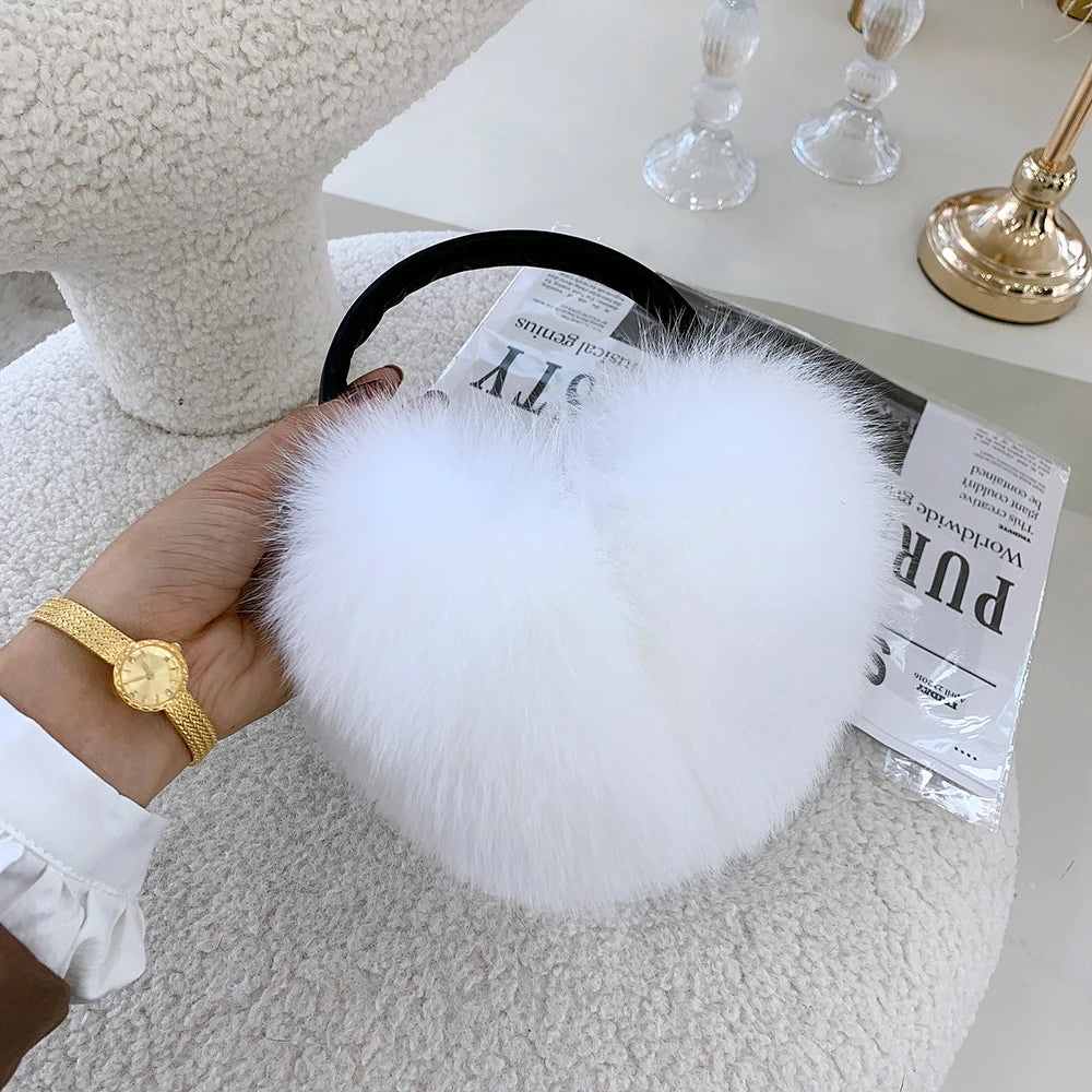 Winter Women Warm Real Fox Fur Earmuffs Girl's Earlap Ultra Large Ladies Plush Earmuff Luxury Ladies Fox Fur Earmuffs