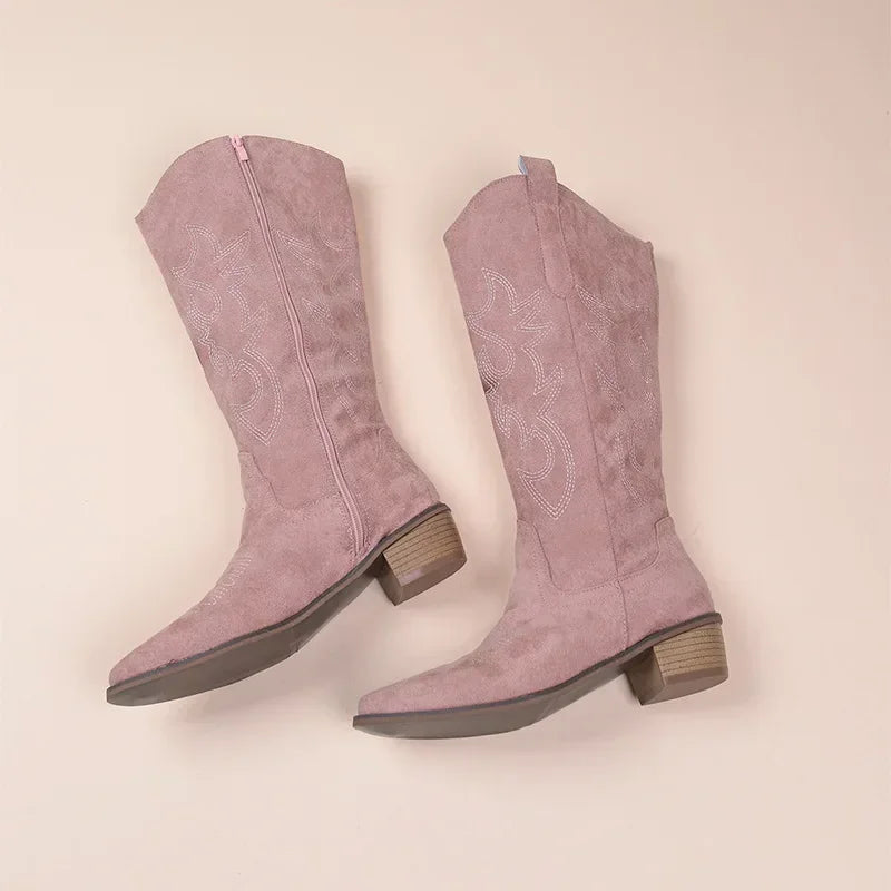 Embroidered Western Cowboy Boots for Women - Pointed Toe Knee High Boots with Thick Heel
