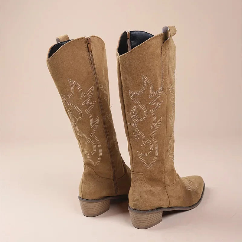 Embroidered Western Cowboy Boots for Women - Pointed Toe Knee High Boots with Thick Heel