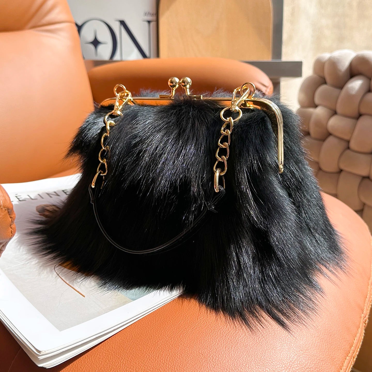 Real Fur Women Handbags Women Luxury Fox Fur Bag Fashion Female Furry Handbag Real Leather Evening Bag Natural Fur Shoulder Bag