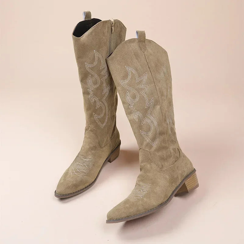 Embroidered Western Cowboy Boots for Women - Pointed Toe Knee High Boots with Thick Heel