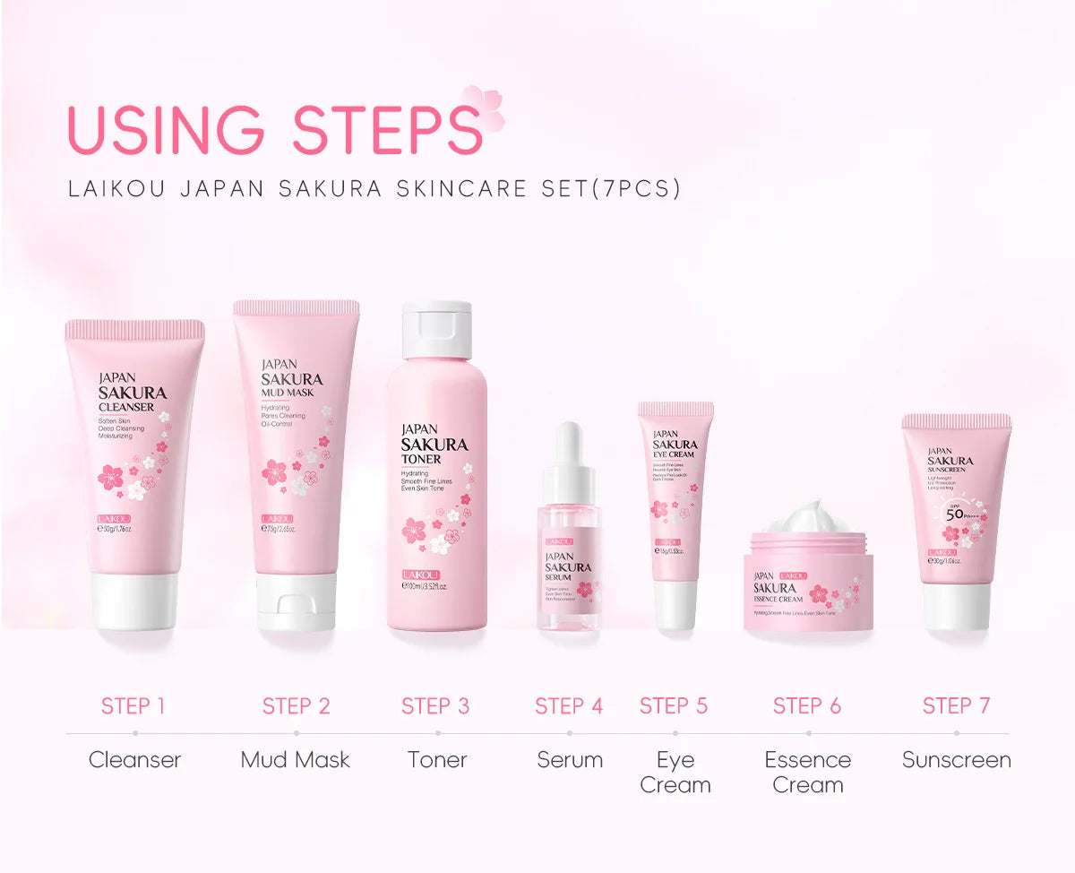 Korean Sakura Skincare Set Hydration Moisturize Cleanse Pores Sunscreen Protection Cosmetic Beauty