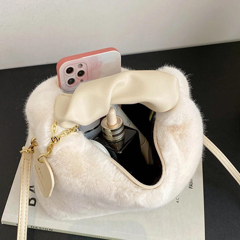 Women Faux Fur Plush Handbags Ruched Handle Small Lady Shoulder Crossbody Bag Casual Half-Moon Hobos Winter Bags for Women