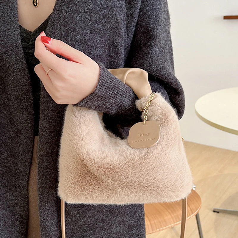Women Faux Fur Plush Handbags Ruched Handle Small Lady Shoulder Crossbody Bag Casual Half-Moon Hobos Winter Bags for Women