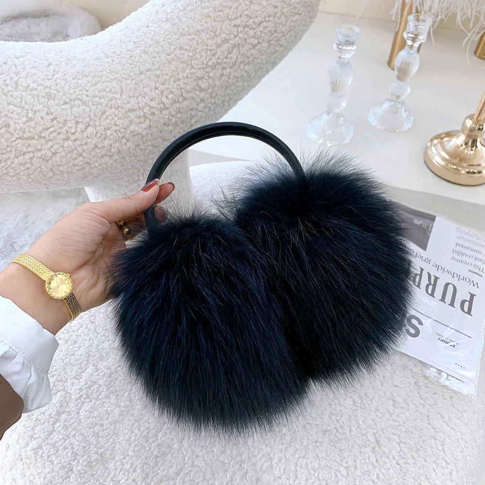 Winter Women Warm Real Fox Fur Earmuffs Girl's Earlap Ultra Large Ladies Plush Earmuff Luxury Ladies Fox Fur Earmuffs