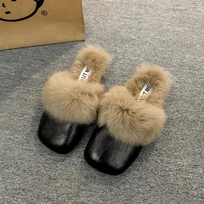 Women's Autumn/Winter Outdoor Wear New Style Flat Bottom Fur Slippers One Foot Drag No Heel Mule Fur Slippers Adult Simple