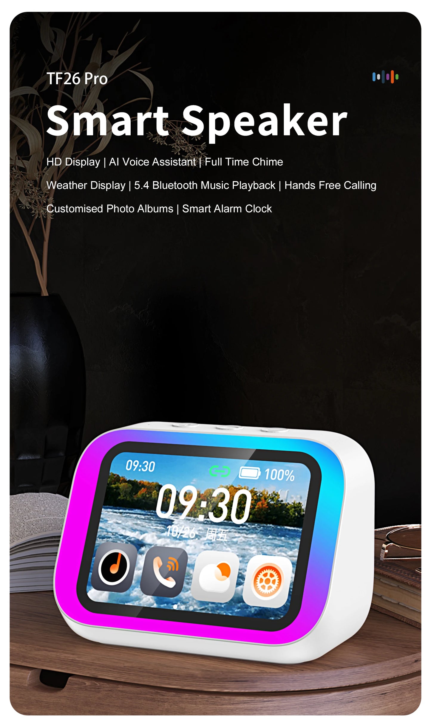 AI Smart Bluetooth 5.4 Touchscreen Speaker & Voice Assistant – Digital Album Alarm & HD Audio