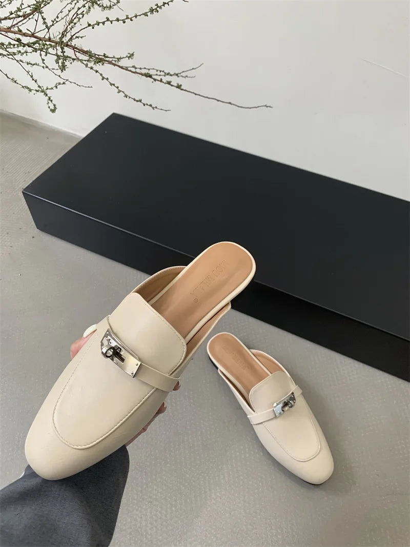 2025 Summer Autumn New Women's Leather Comfortable Slip On Slippers Daily Metal Decoration Casual Outside Mules Female Sandals