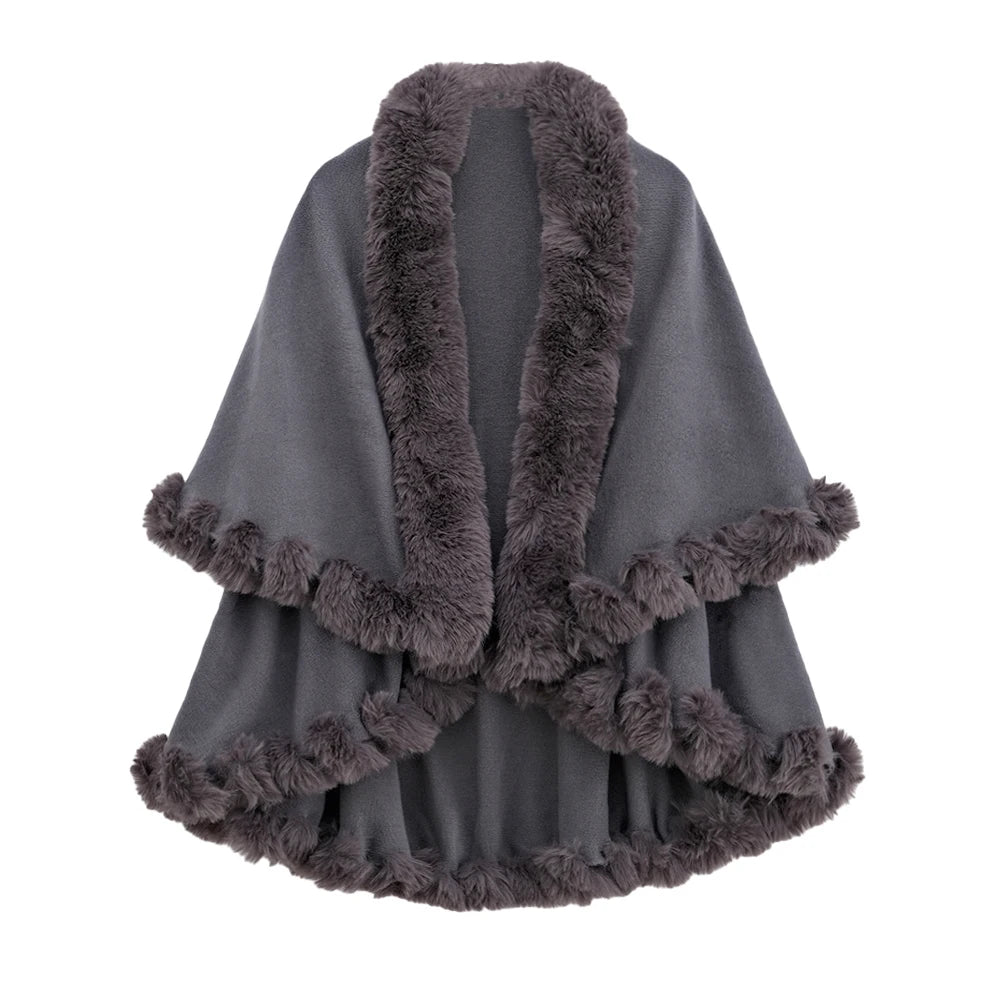 Double Layer Faux Fur Trim Womens Knitted Poncho Shawl Warm Cape Multiple Colors Ideal for Fall and Winter Daily and Formal Wear