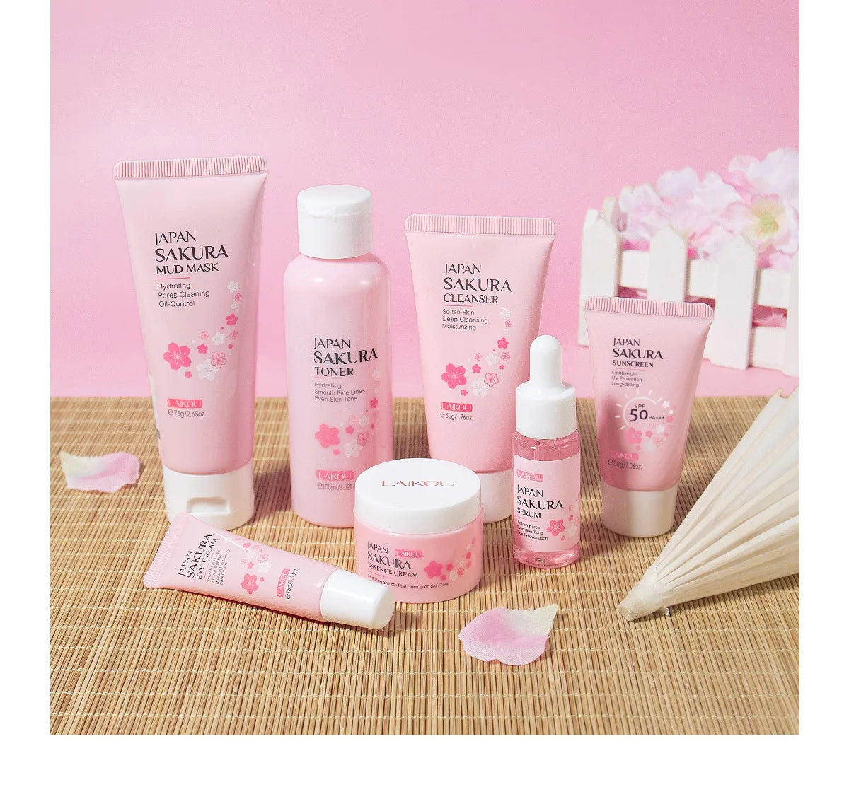 Korean Sakura Skincare Set Hydration Moisturize Cleanse Pores Sunscreen Protection Cosmetic Beauty