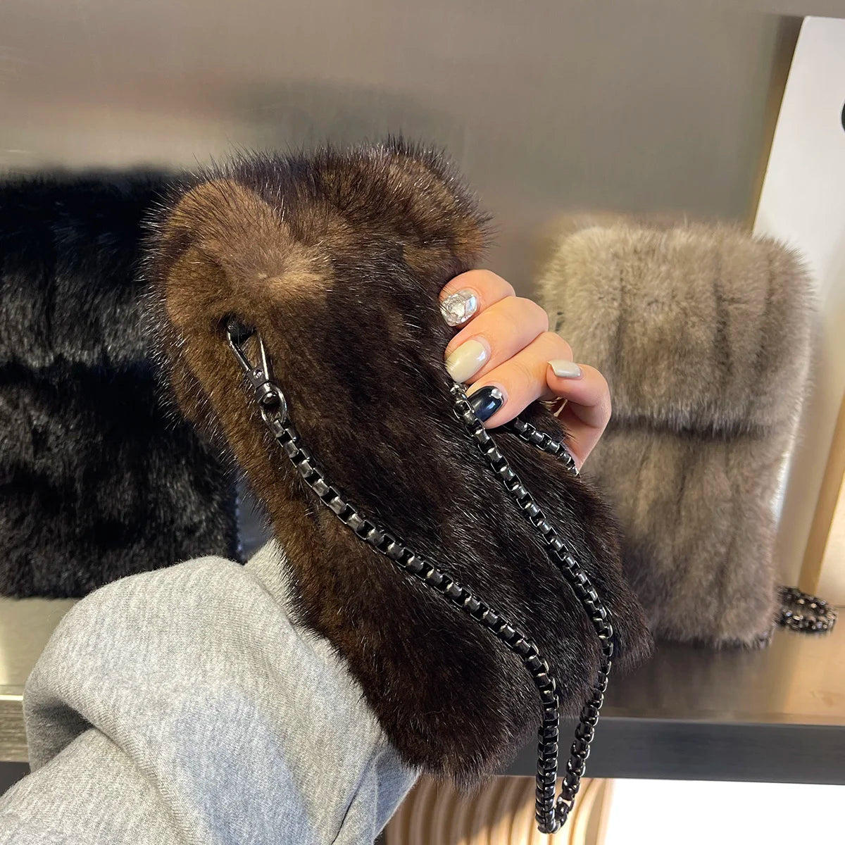 Real Mink Fur Bag Crossbody Bags For Women Phone Bag Lady Shoulder Bags Real Fur Bag Female Messenger Bag Winter Handbag Ladies