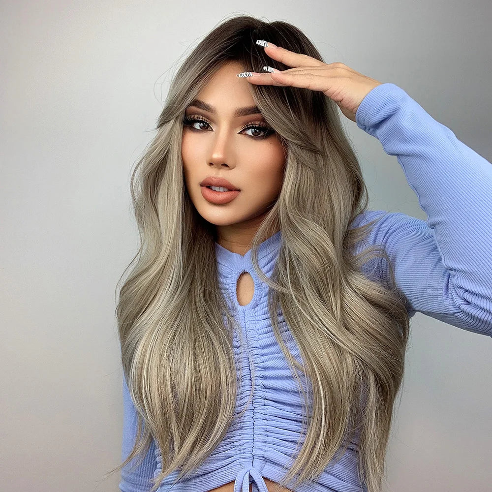 Brown Blonde Ombre Natural Hair Wigs for Women Long Wavy With Dark Roots Synthetic Wig for Women Heat Resistant Coaplay Wigs