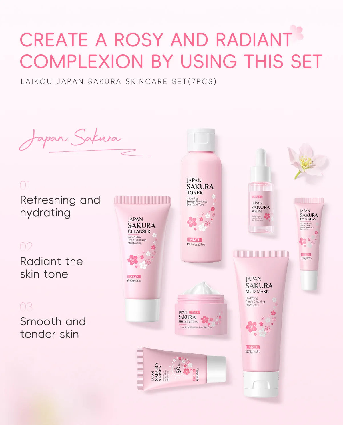 Korean Sakura Skincare Set Hydration Moisturize Cleanse Pores Sunscreen Protection Cosmetic Beauty