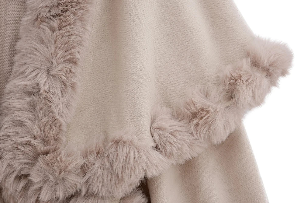 Double Layer Faux Fur Trim Womens Knitted Poncho Shawl Warm Cape Multiple Colors Ideal for Fall and Winter Daily and Formal Wear