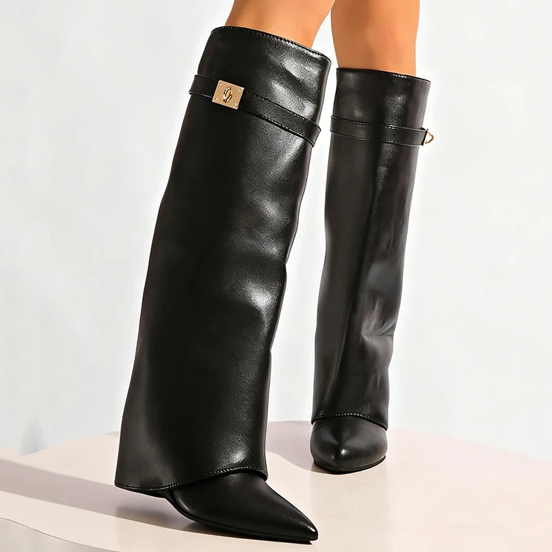 Designer Women's Long Boots - Wide Calf Shark Boots with Wedge Heel Knee High