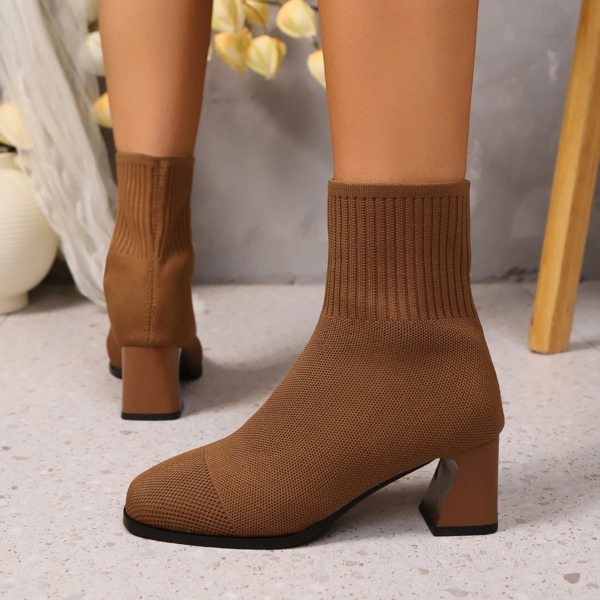 Women's Knitted Heel Boots 2025 - Yellow Beige Fashion Elastic Sock Boots with Square Heel
