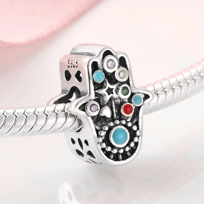 925 Silver Blue Enamel Fatima Hand Charm - DIY Jewelry Beads for Charm Bracelets