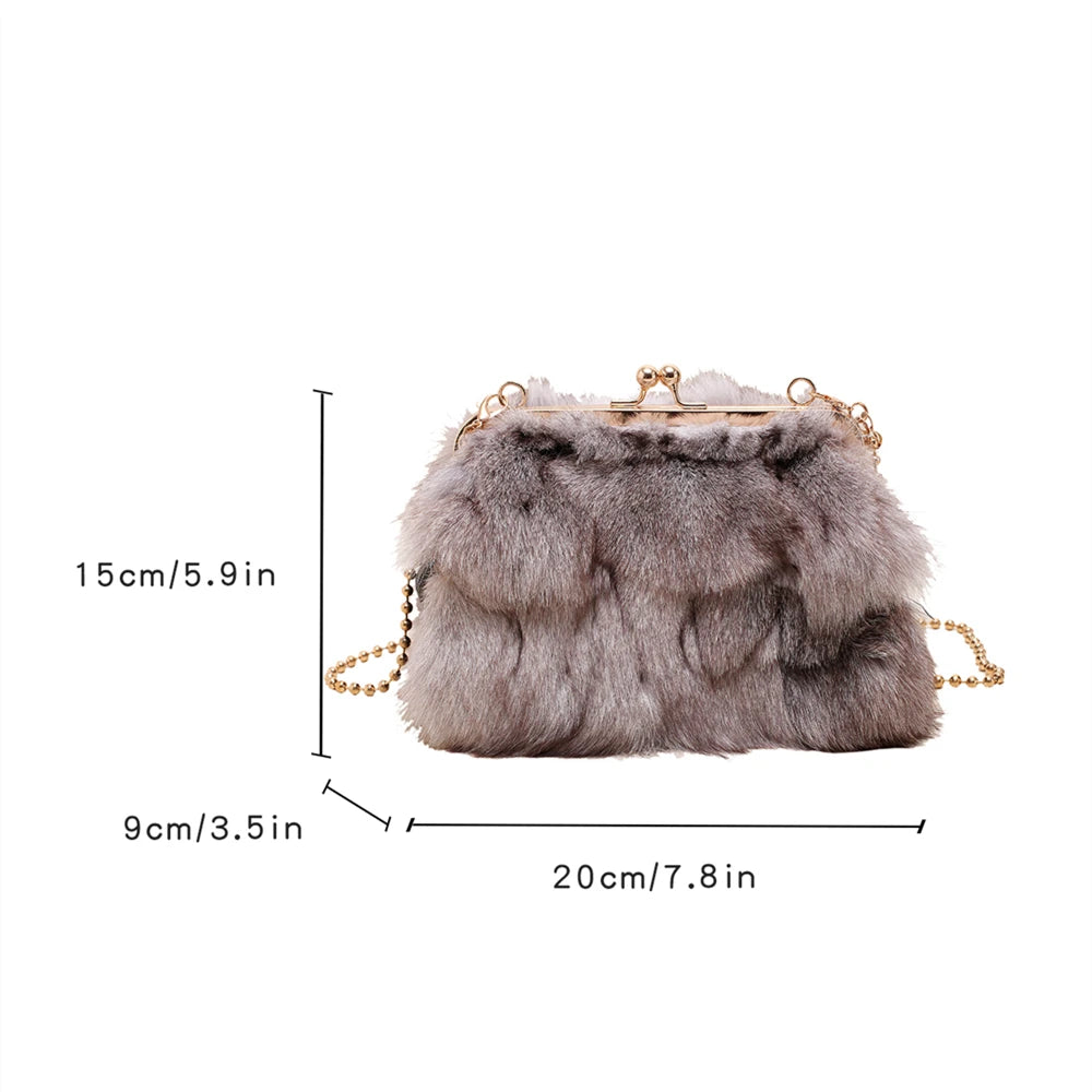 Luxury Soft Plush Evening Bags For Elegant Women Fox Fur Dinner Party Clutch Chain Crossbody Winter Warm Luxury Designer Handbags