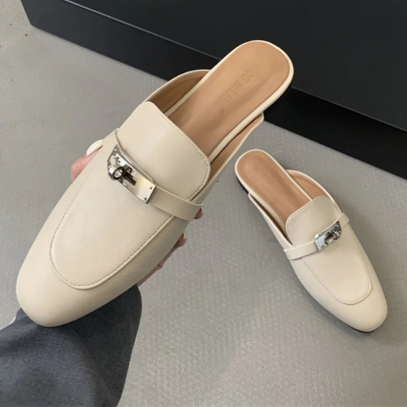 2025 Summer Autumn New Women's Leather Comfortable Slip On Slippers Daily Metal Decoration Casual Outside Mules Female Sandals